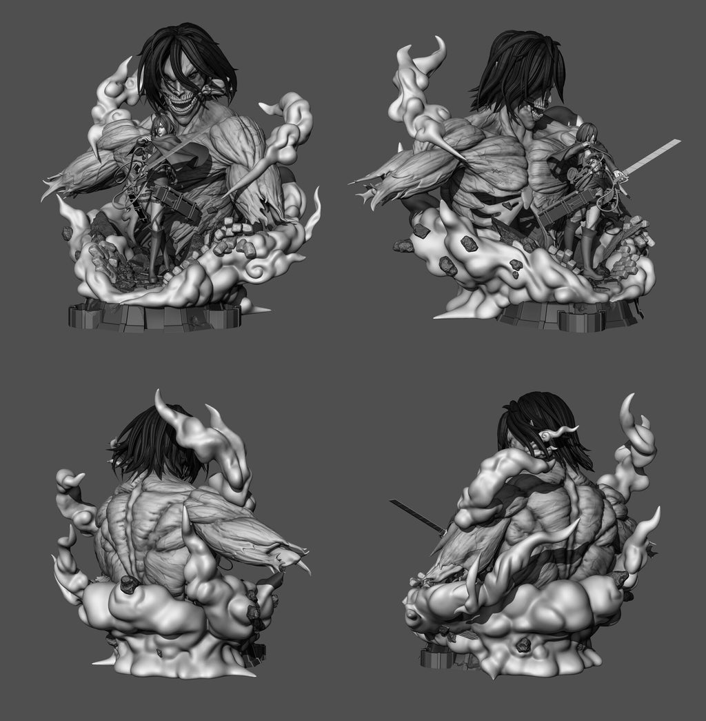 Four grayscale renderings of a fantasy warrior statue shown from different angles on a plain gray background.