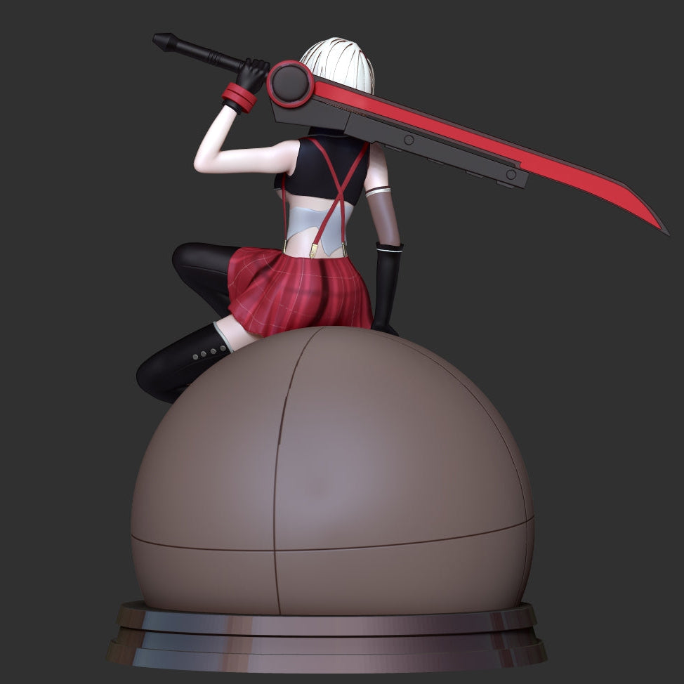A 3D-rendered figurine of a female anime-style character with white hair, wearing a black and red outfit, sitting on a large brown spherical base and holding a long red and black sword against a dark gray background.