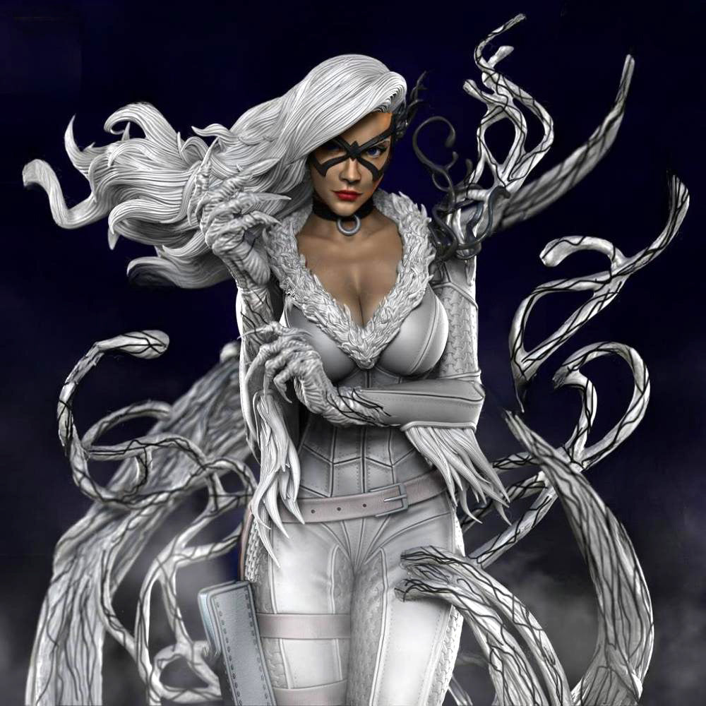 Statue of a superheroine with white hair and costume, surrounded by spider-like elements on a dark background.