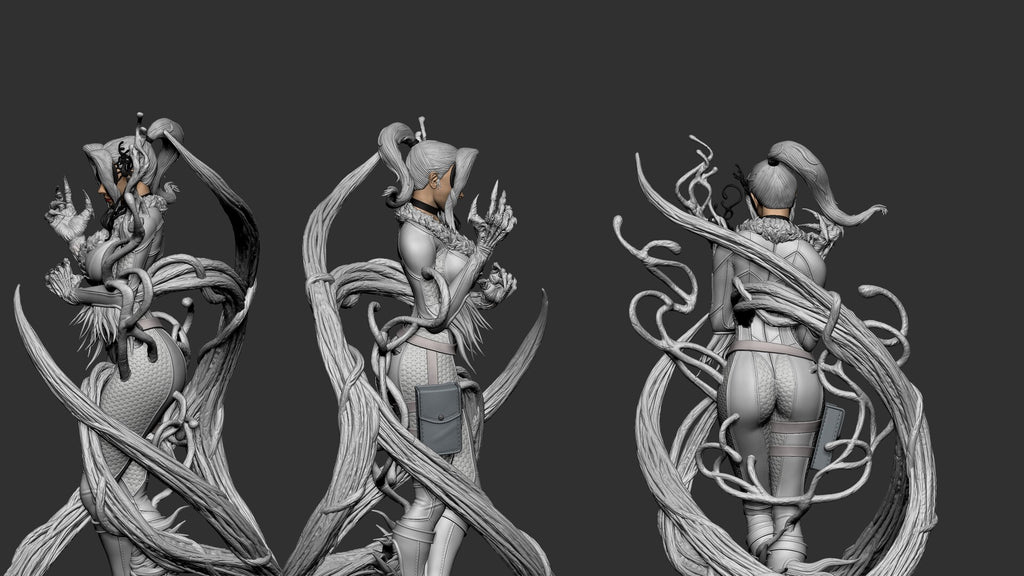 3D model of a fantasy character with intricate design on a black background