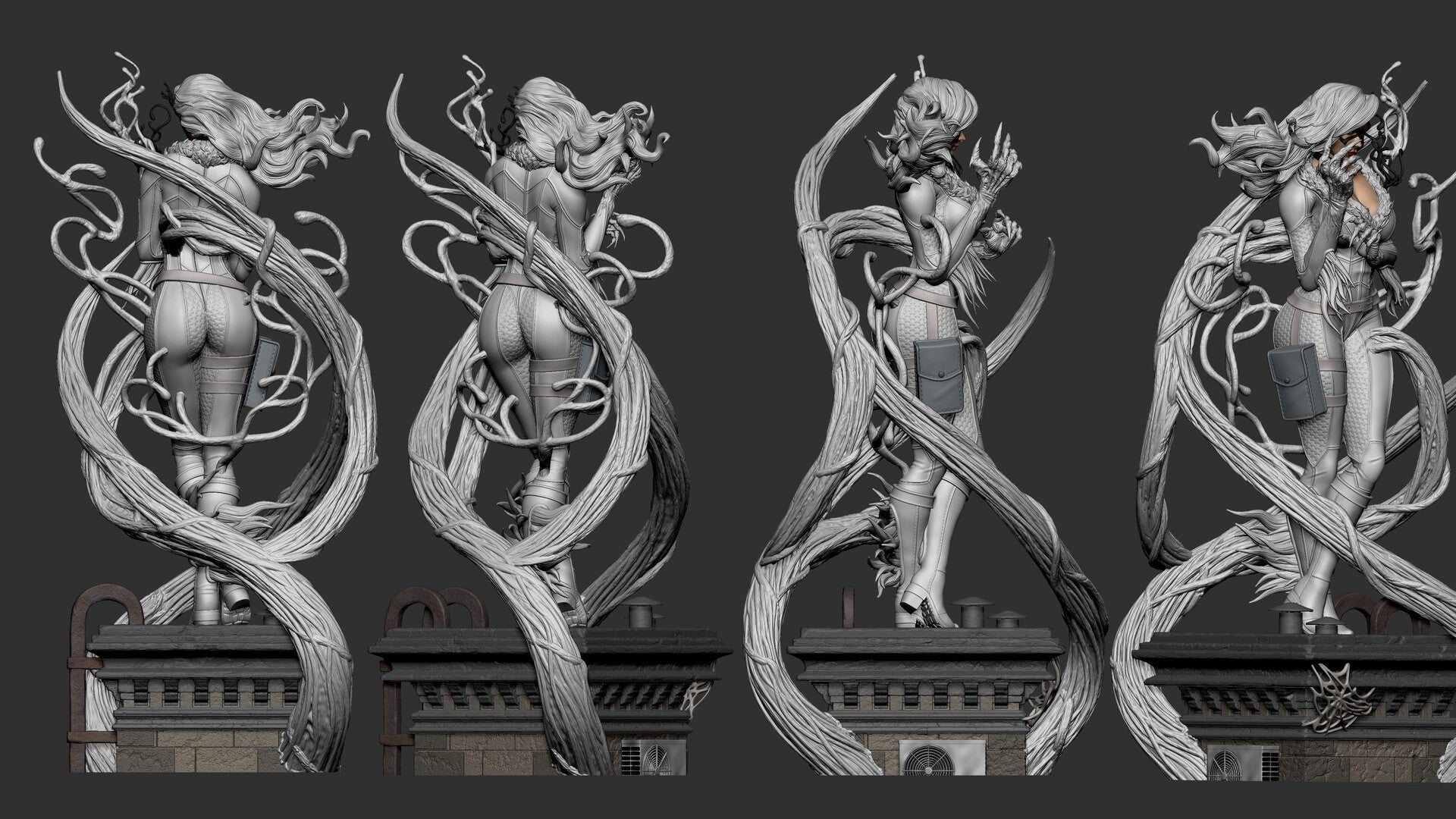 Four views of a fantasy figurine with long hair and a flowing dress on a dark background.