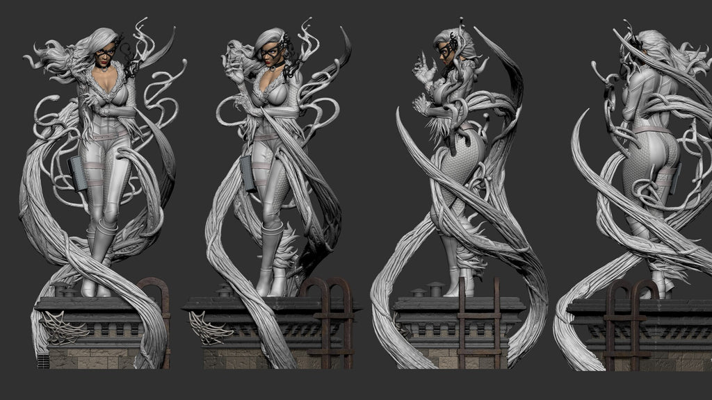 Four statues of a woman with flowing hair and animal-like features on a dark background