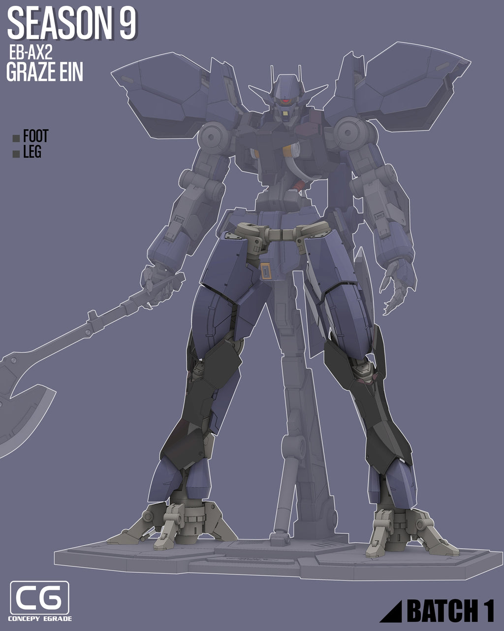 A stylized concept art rendering of a large robot/mecha figure labeled 'Season 9 EB-AX2 Graze Ein,' shown standing on a display base against a muted blue-gray background. Text in the corners includes 'Foot Leg,' 'CG Concept Figure,' and 'Batch 1.
