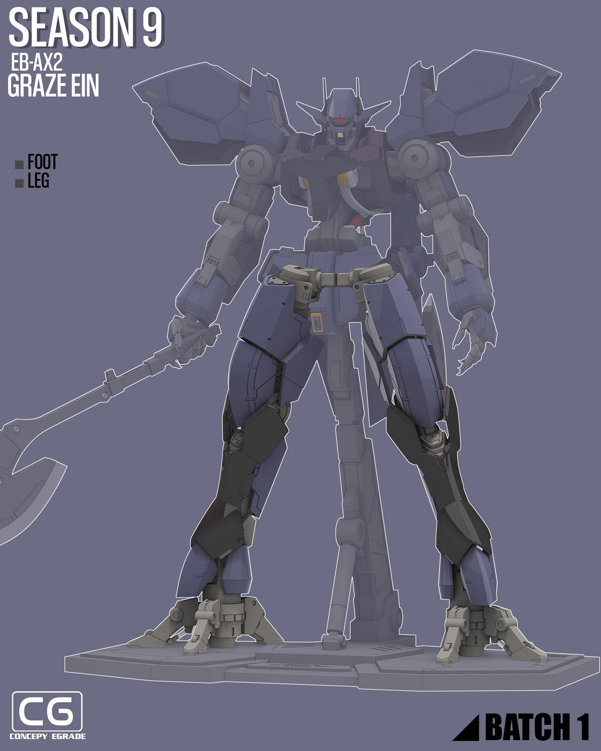A stylized concept art rendering of a large robot/mecha figure labeled 'Season 9 EB-AX2 Graze Ein,' shown standing on a display base against a muted blue-gray background. Text in the corners includes 'Foot Leg,' 'CG Concept Figure,' and 'Batch 1.