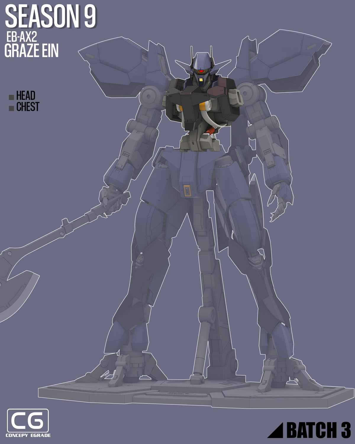 A stylized sci-fi mecha robot model or figure shown on a plain blue-gray background, with overlaid text reading 'SEASON 9', 'EB-AX2 GRAZE EIN', 'HEAD', 'CHEST', and 'BATCH 3'. The image appears to be a promotional or packaging-style render rather than a real-world lifestyle scene, so Product/Packaging is the best fit.