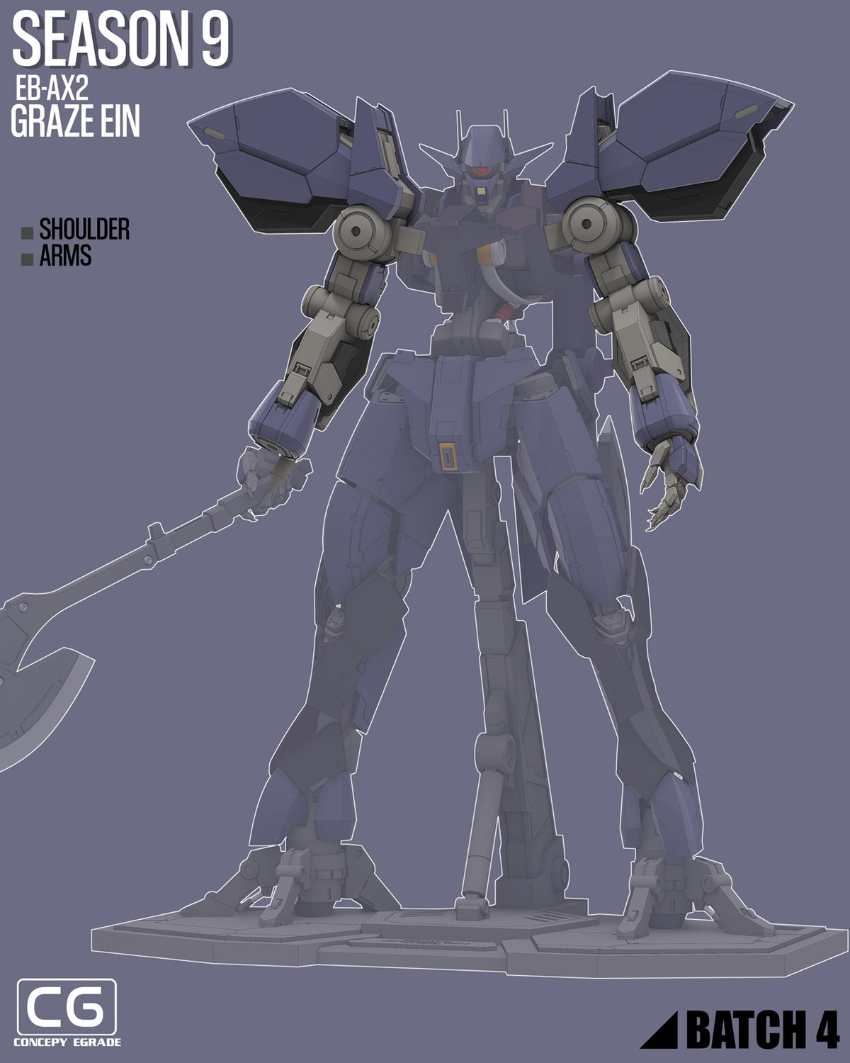 A stylized sci-fi mecha robot figure labeled 'SEASON 9 EB-AX2 GRAZE EIN' with 'SHOULDER ARMS' text, shown in a large faded preview on a muted blue-gray background. The image includes 'CG CONCEPT TOYS' and 'BATCH 4' marks.