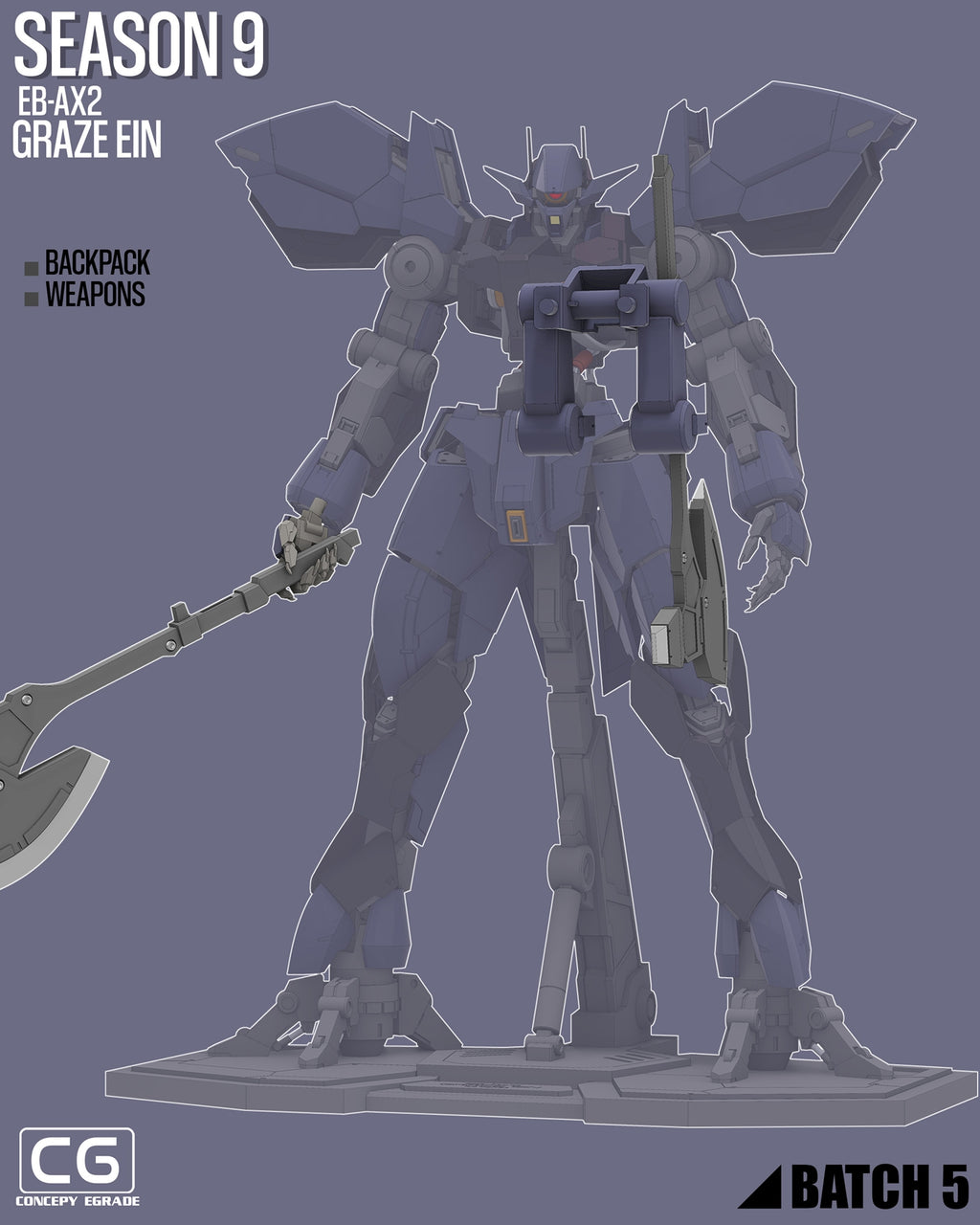 A stylized product render of a Gundam-style mecha figure labeled Season 9 EB-AX2 Graze Ein, shown standing on a display base against a muted blue-gray background. The image includes text reading Backpack, Weapons, CG Concept Figure, and Batch 5.