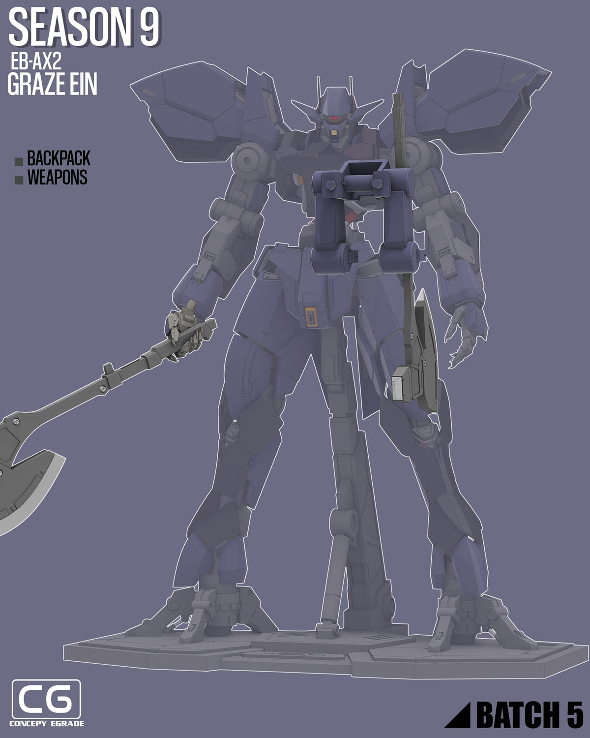 A stylized product render of a Gundam-style mecha figure labeled Season 9 EB-AX2 Graze Ein, shown standing on a display base against a muted blue-gray background. The image includes text reading Backpack, Weapons, CG Concept Figure, and Batch 5.