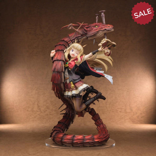 Figurine of a character with dragon-like features on a brown background