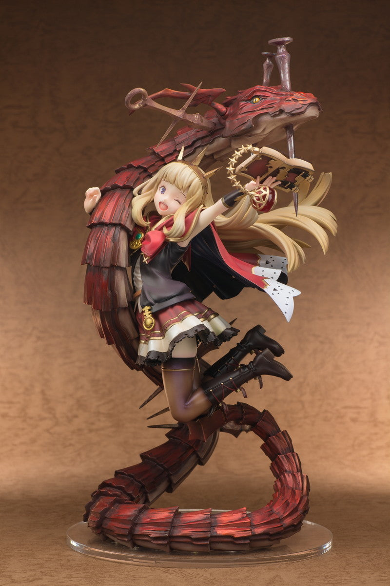 Figurine of a character with long blonde hair and a red and black outfit, standing on a large red and black creature.