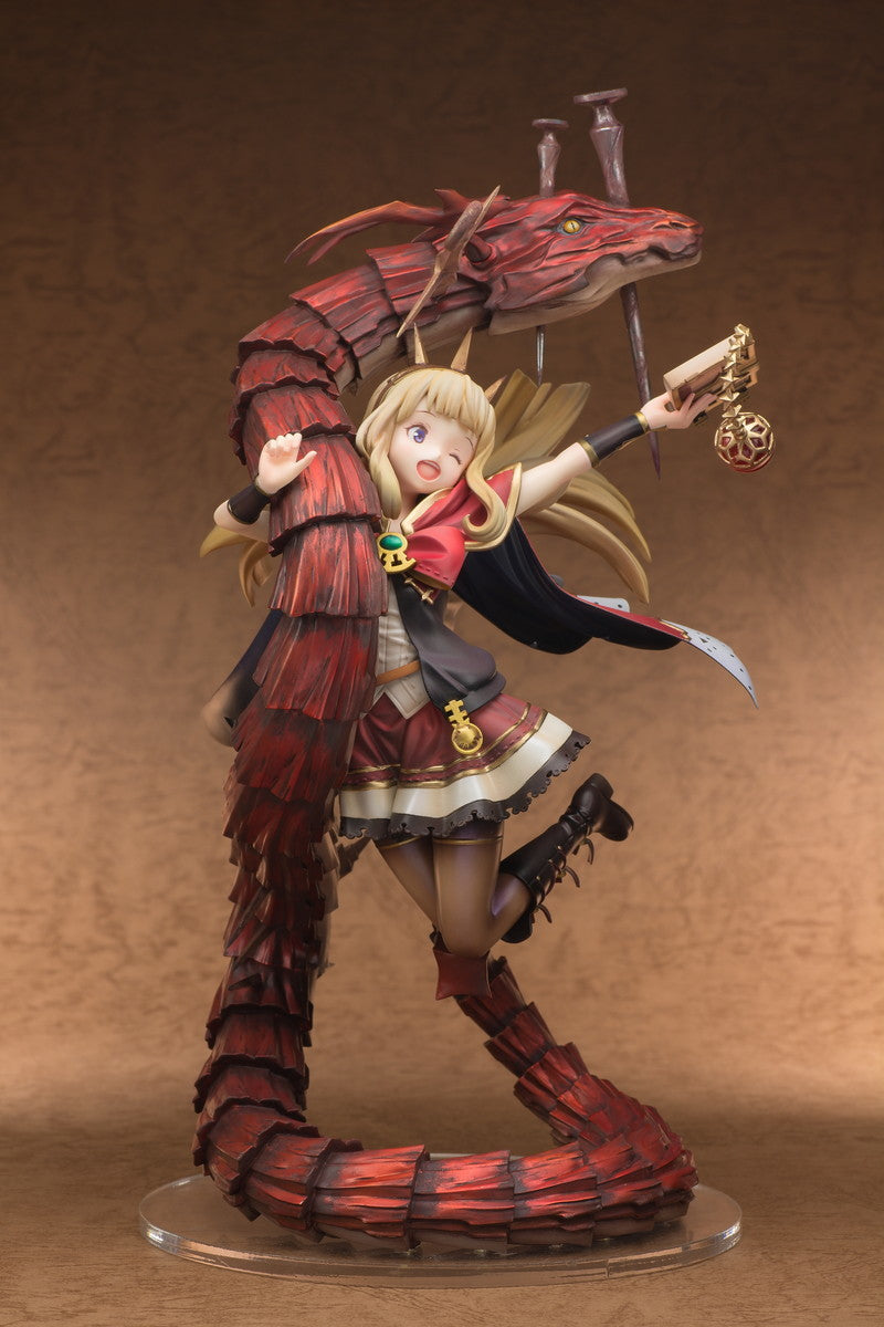 Figurine of a character with dragon-like features on a brown background
