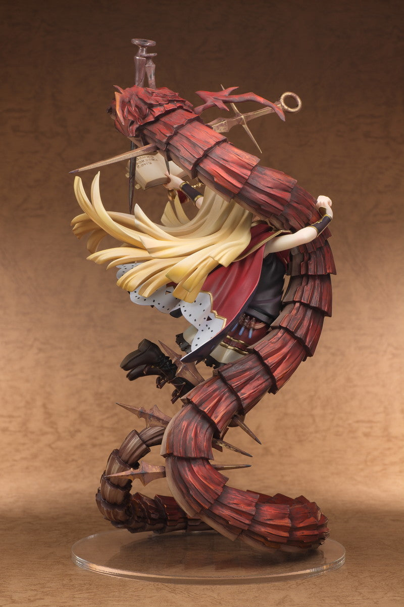 Detailed figurine of a warrior with red armor and sword on a brown background