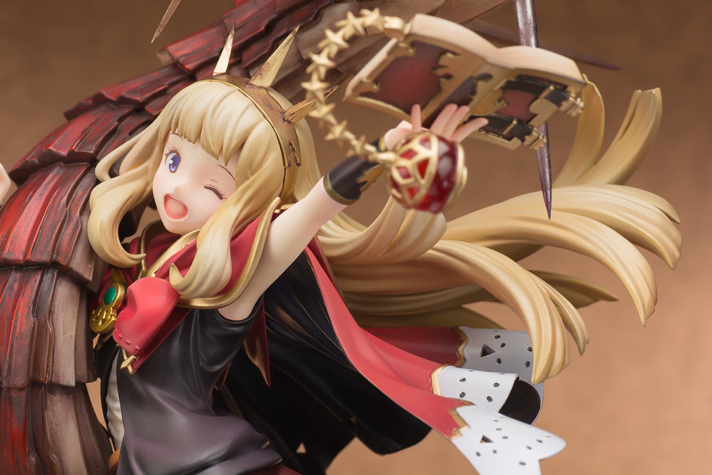 Figurine of a character with blonde hair and armor, holding a weapon against a brown background