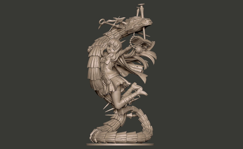 Wooden dragon sculpture on a dark background