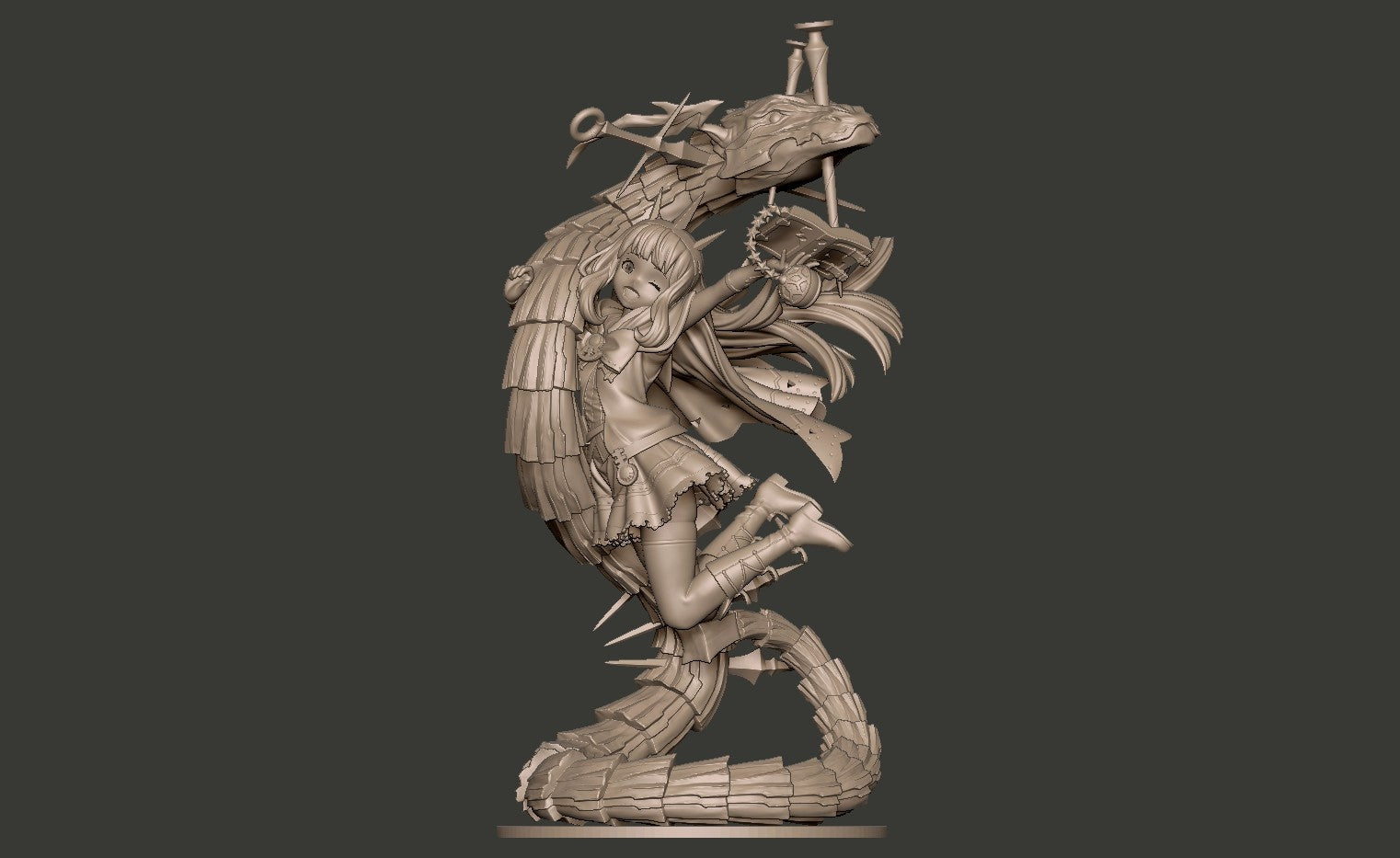 Wooden dragon sculpture on a dark background