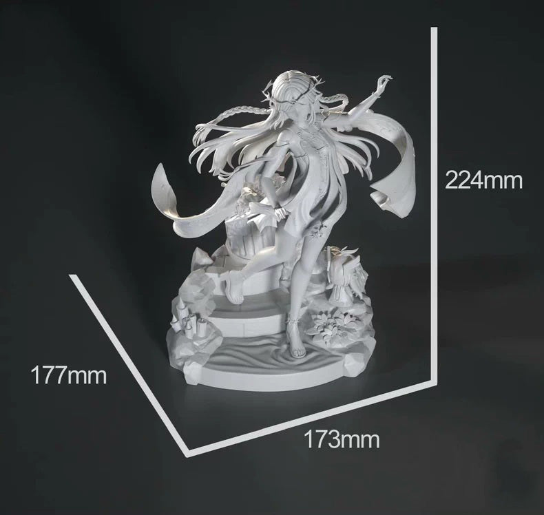 Statue with measurements on a black background