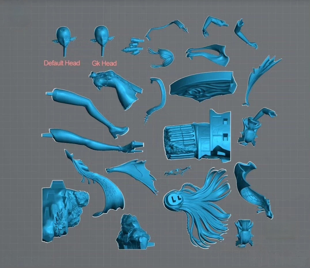 Set of blue 3D model parts on a gray grid background