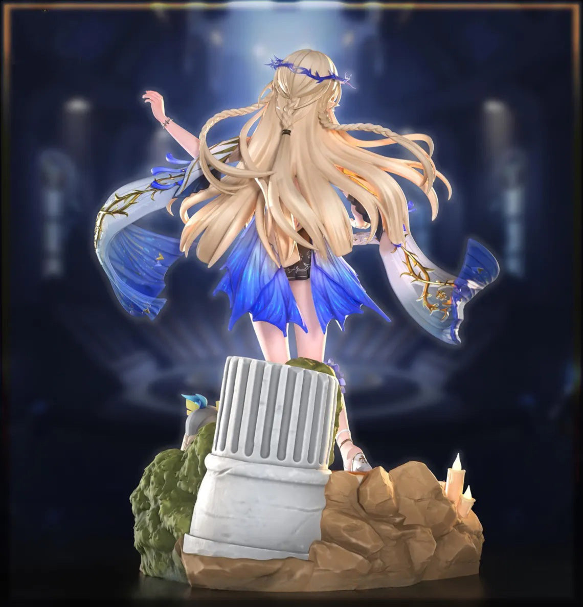 Animated character with blue wings and long blonde hair standing on a rocky platform with a dark background.