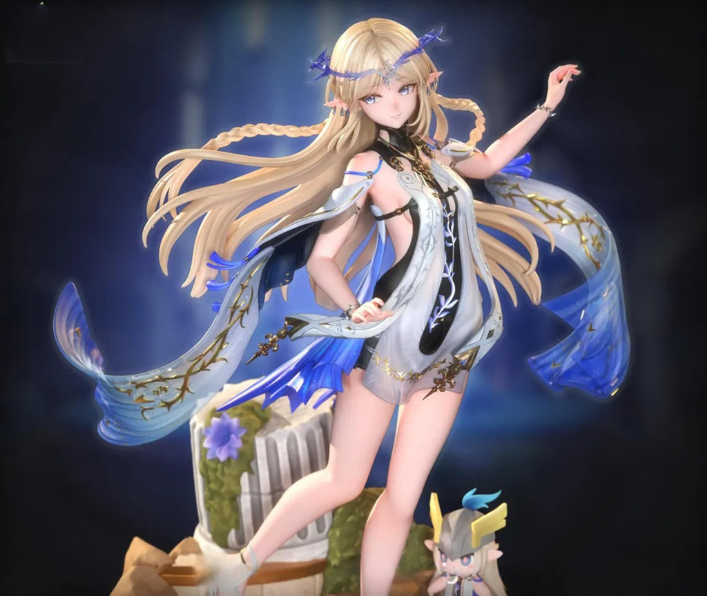 Animated character with long blonde hair and blue accents in a dynamic pose against a dark background
