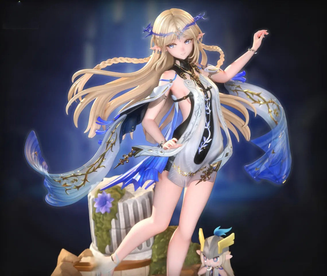 Animated character with long blonde hair and blue accents in a dynamic pose against a dark background