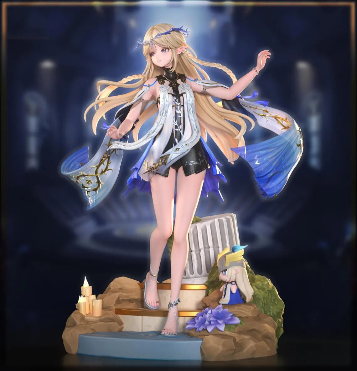 Anime character figurine with long blonde hair and blue accents on a dark background