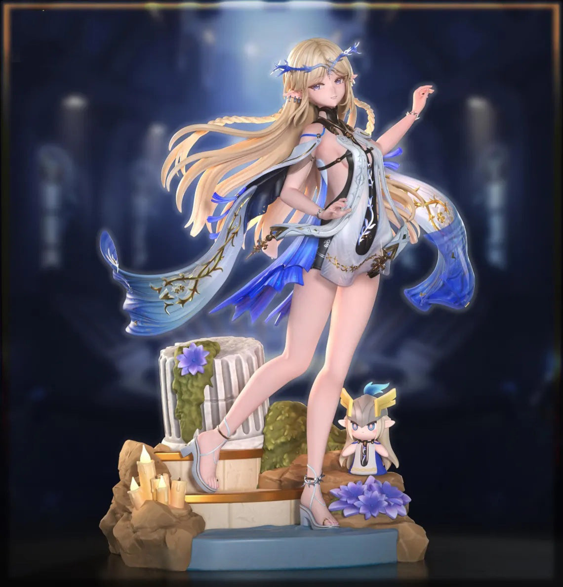 Figurine of a fantasy character with long blonde hair and blue accents on a dark background