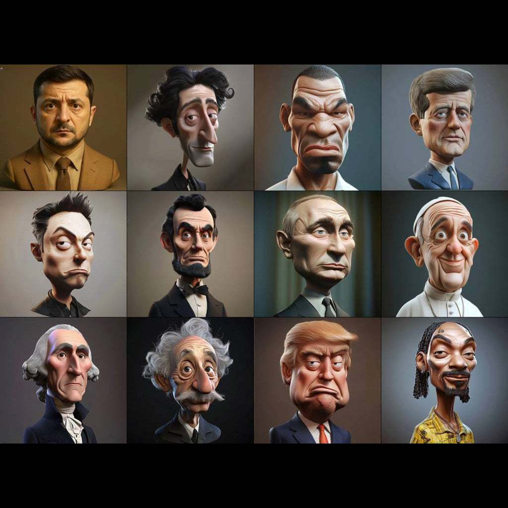 Grid of caricatured portraits of various historical figures.