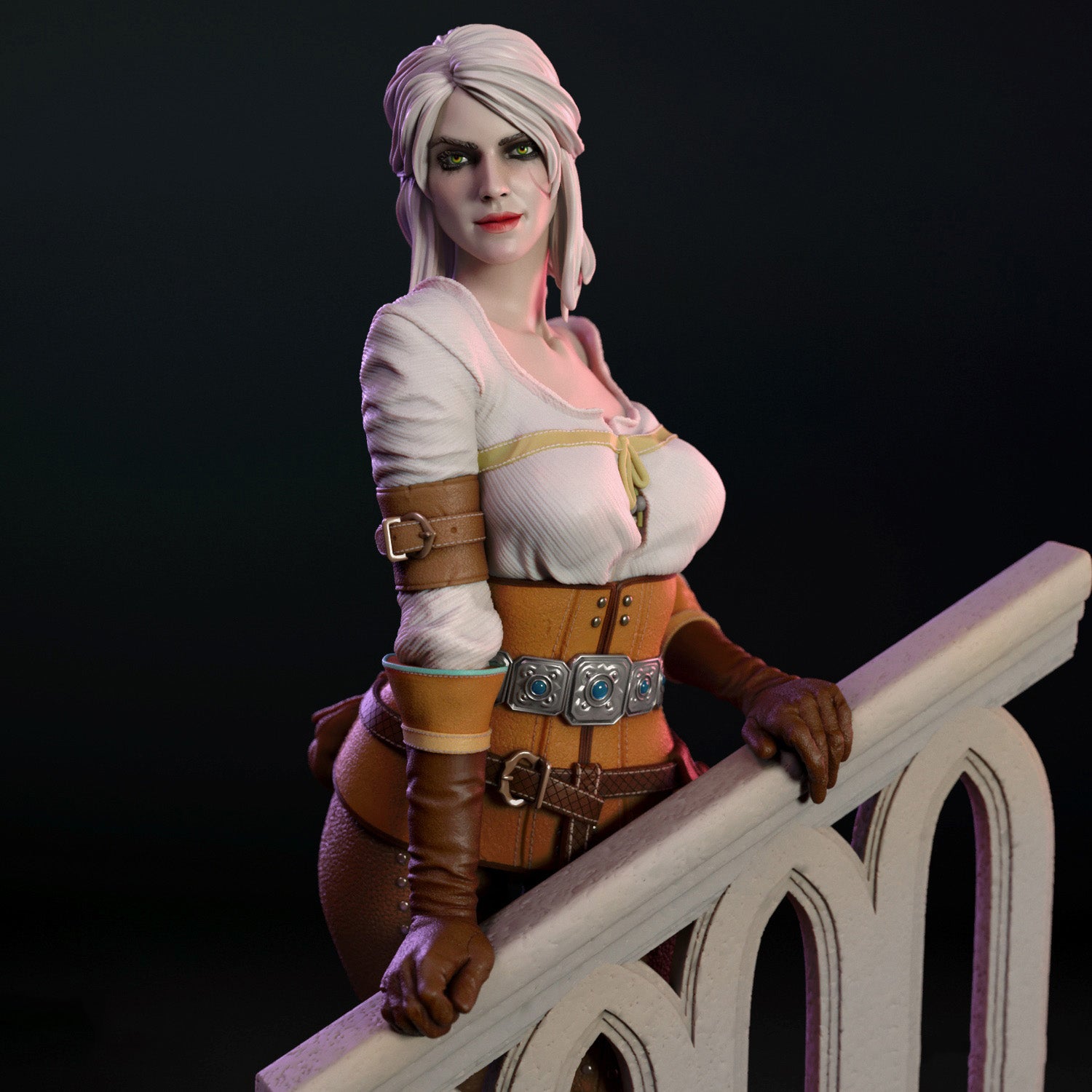 Statue of a character with a white headband and brown outfit standing on a railing against a black background