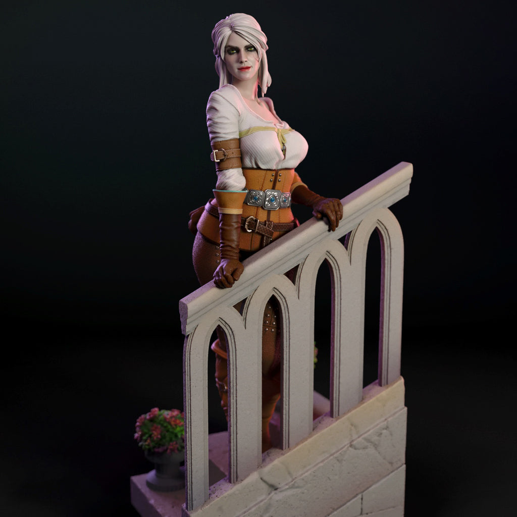 Statue of a character on a balcony with a dark background