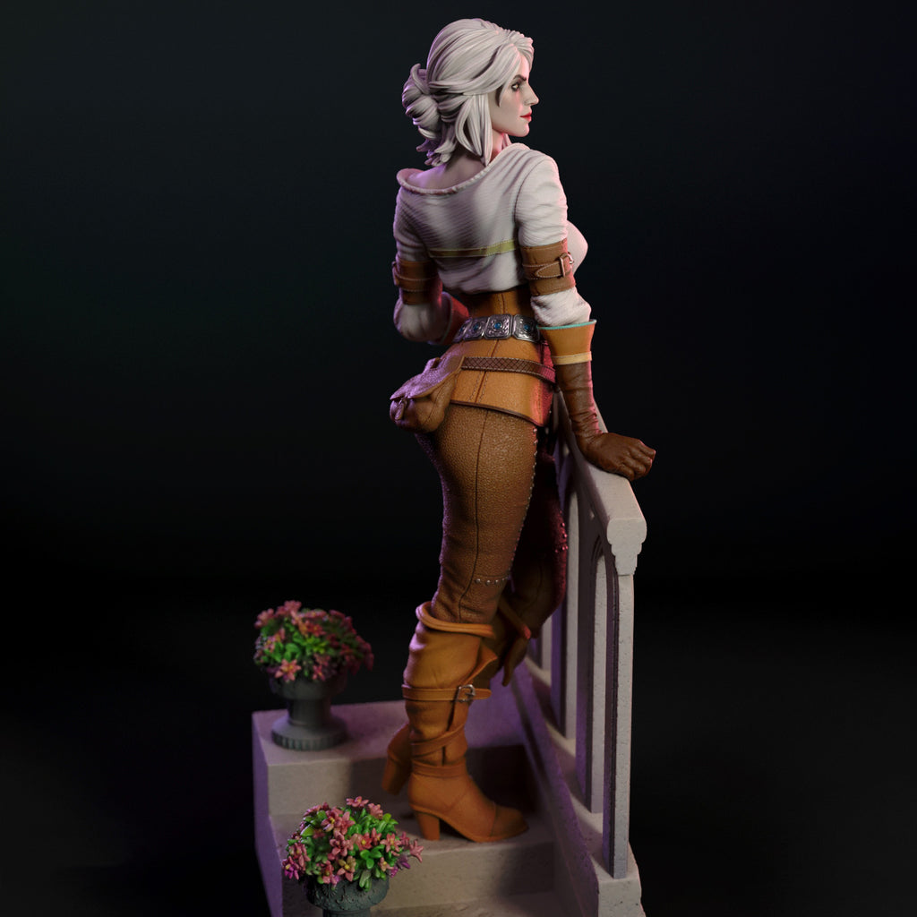 Figurine of a character in fantasy attire standing on a staircase with flowers.