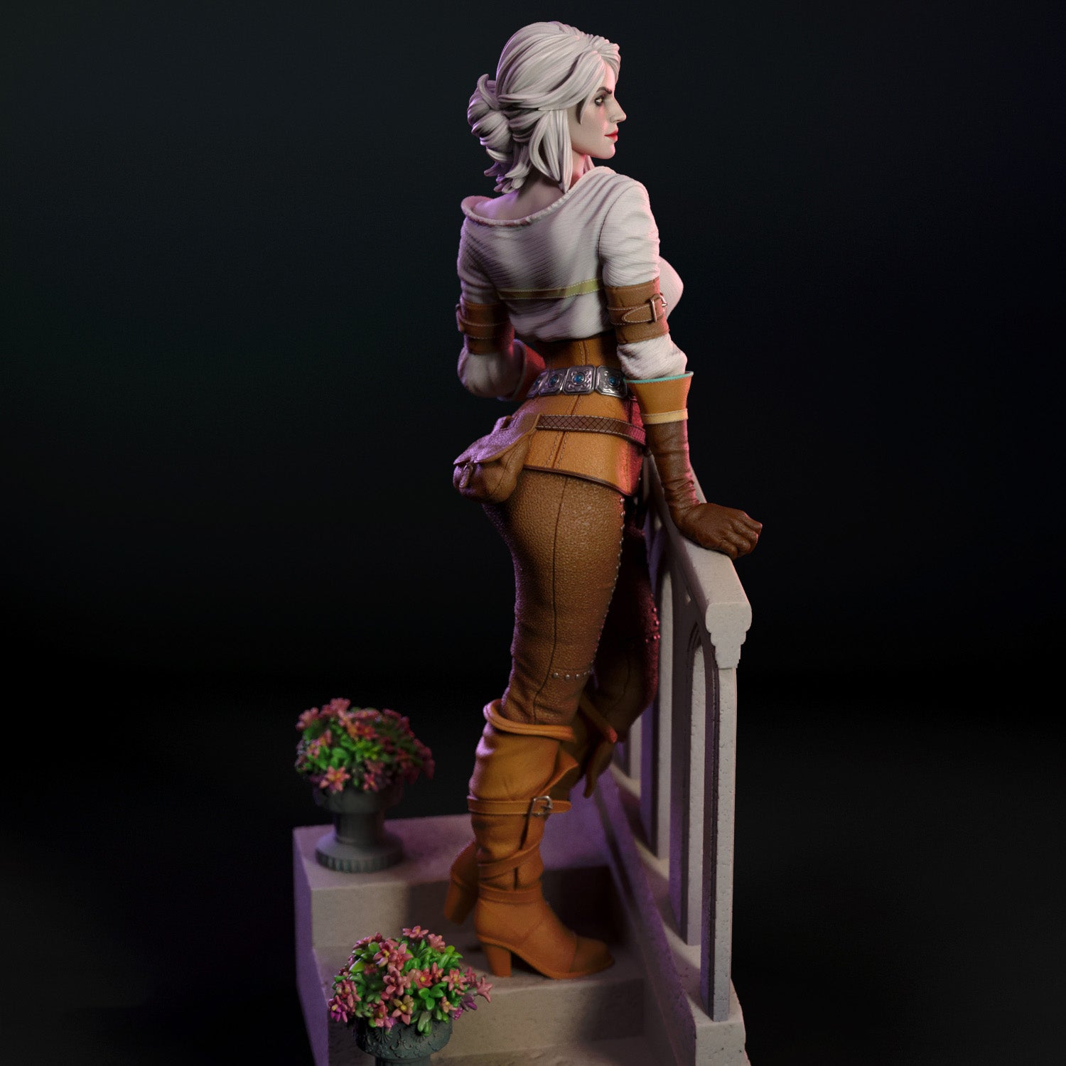 Figurine of a character in fantasy attire standing on a staircase with flowers.