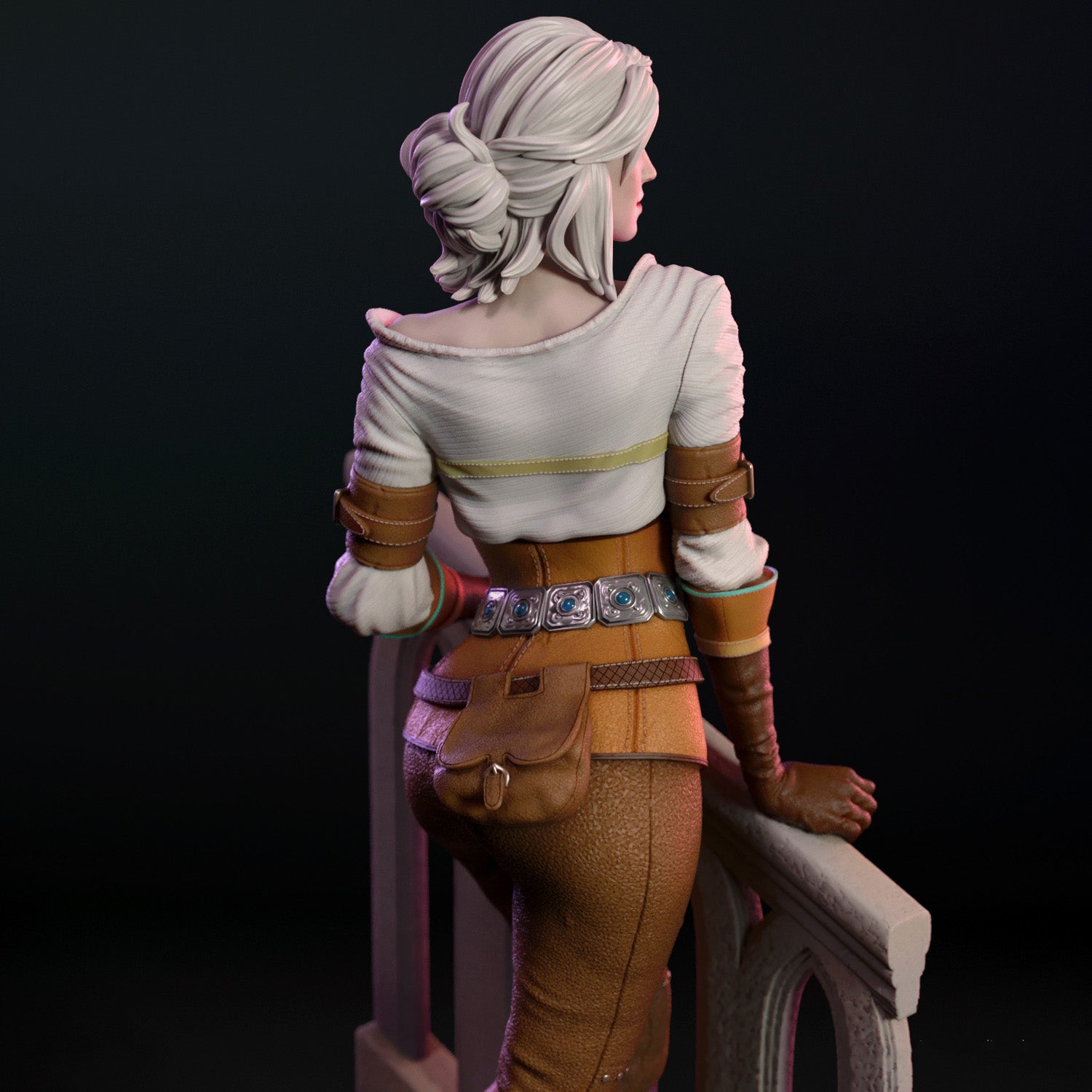 Statue of a character with white hair and brown outfit on a black background