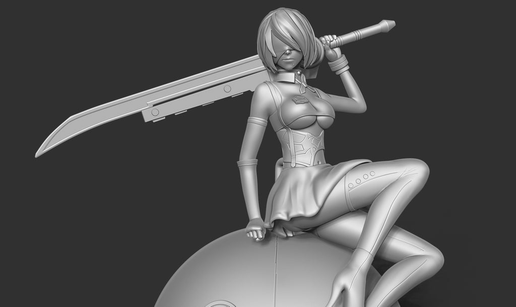 A monochrome 3D-rendered female anime-style character seated on a round base, holding a large sword over her shoulder, against a dark gray background.