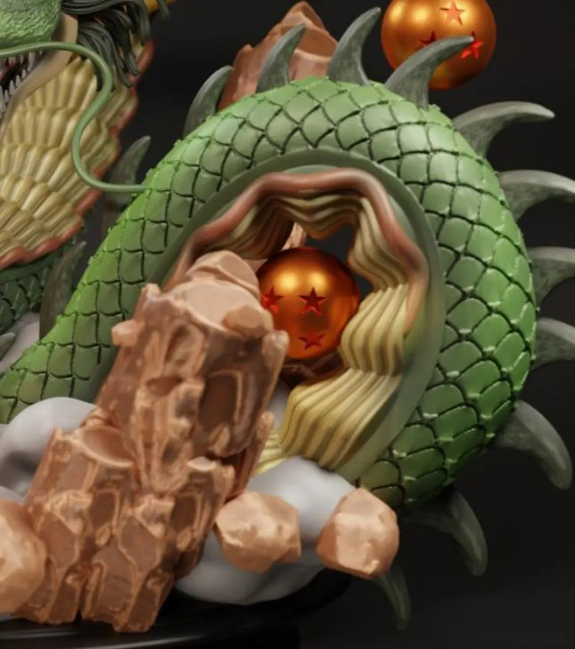 Close-up of a dragon-like creature with a glowing orange orb inside its mouth on a dark background.