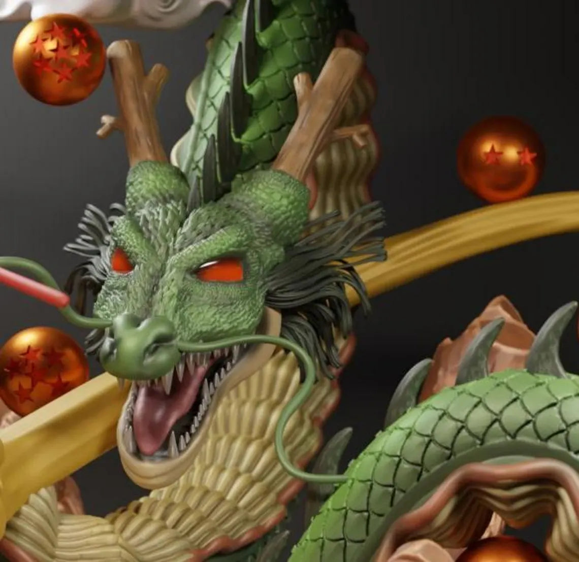 Close-up of a green dragon with red eyes and three golden balls on a dark background