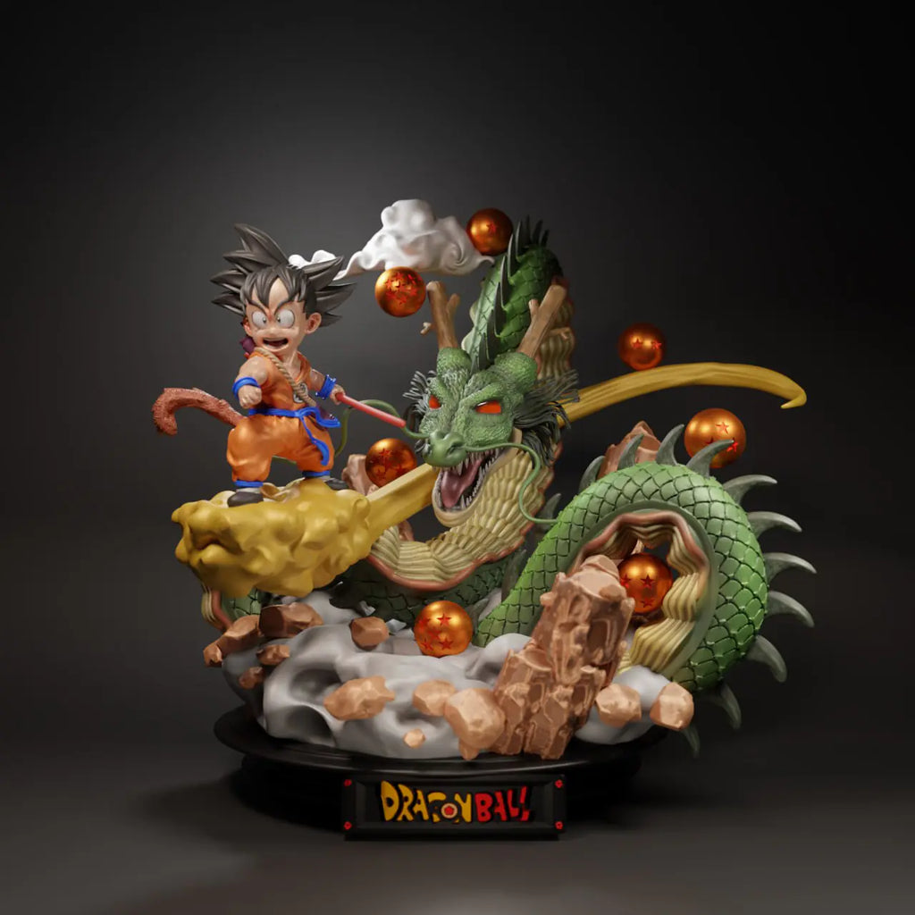 Dragon Ball Z figurine with character and Shenron on a dark background