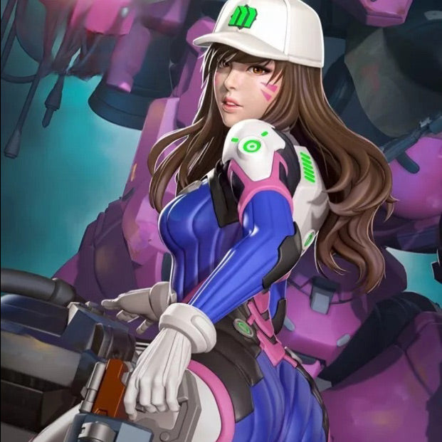 Character in futuristic outfit with robot arm and helmet, colorful background