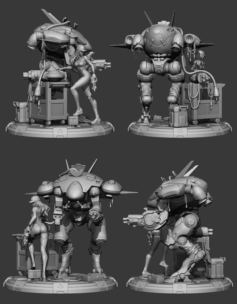 Four gray-scale models of robotic characters on a dark background
