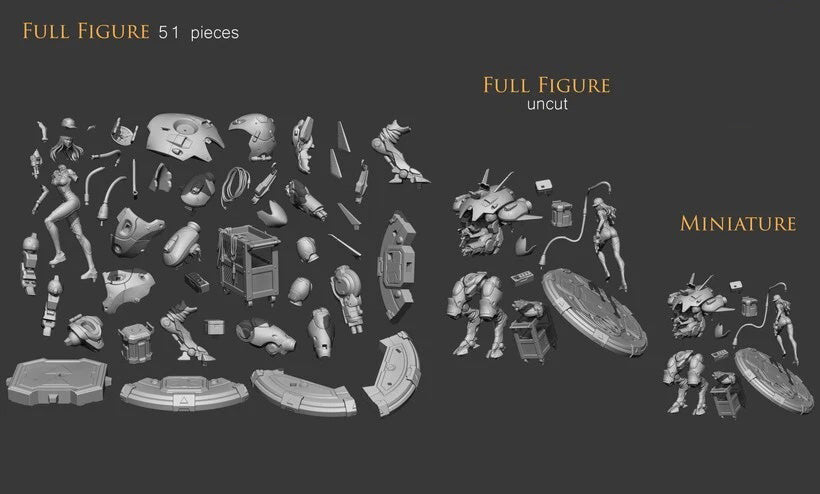 Collection of toy figure parts labeled 'Full Figure', 'Uncut', and 'Miniature' on a dark background.