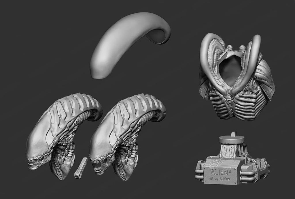 Four gray 3D-rendered views of a sci-fi ring-like accessory inspired by Xenomorph biology, shown on a dark gray background. The set includes a curved top piece, two ribbed side pieces, and a lower mechanical-looking base with visible text reading 'ALIEN art by Sator'.