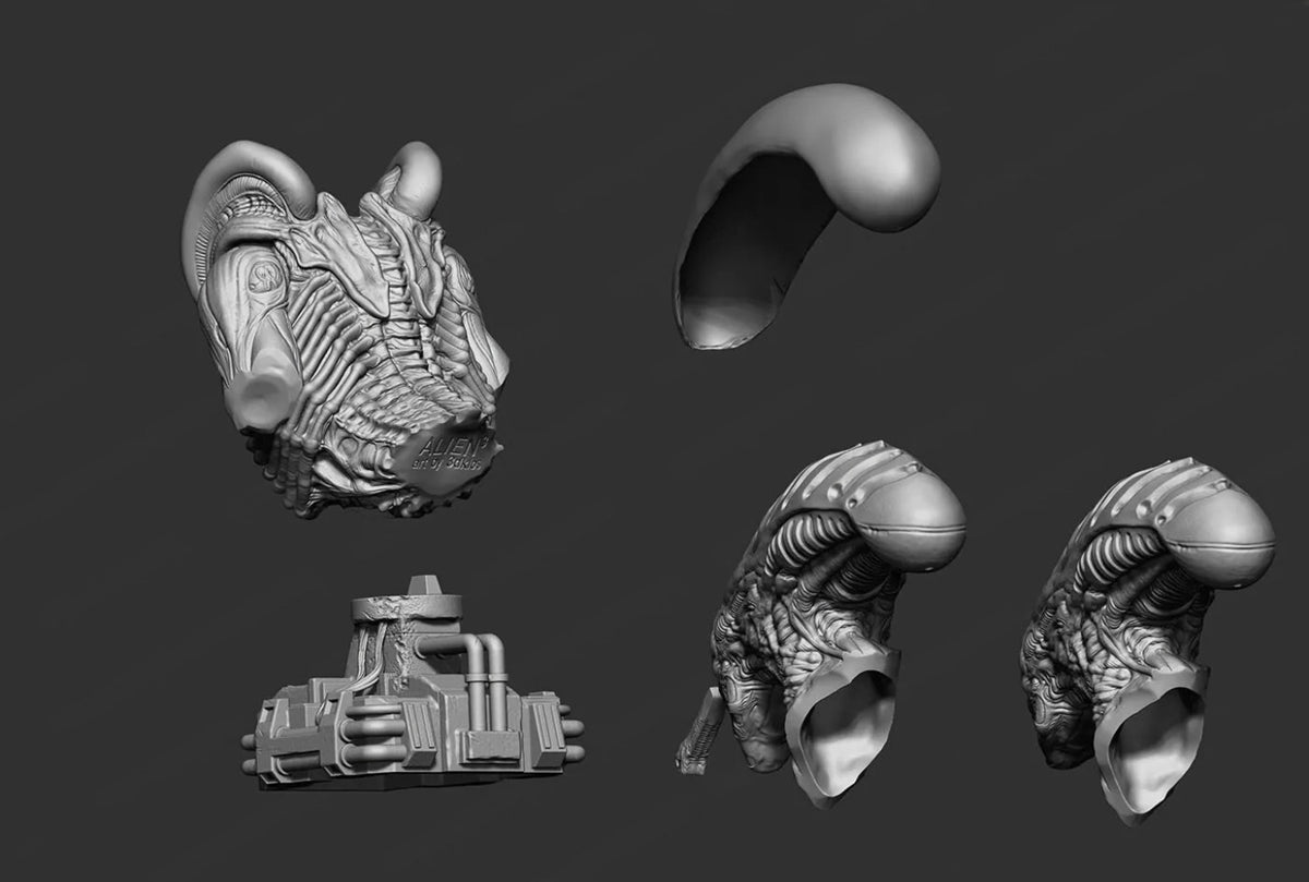 A set of grayscale 3D model renders showing a futuristic alien-like helmet or headpiece from multiple angles, including a top-down view, a side profile, a base attachment view, and two angled views, on a dark gray background.
