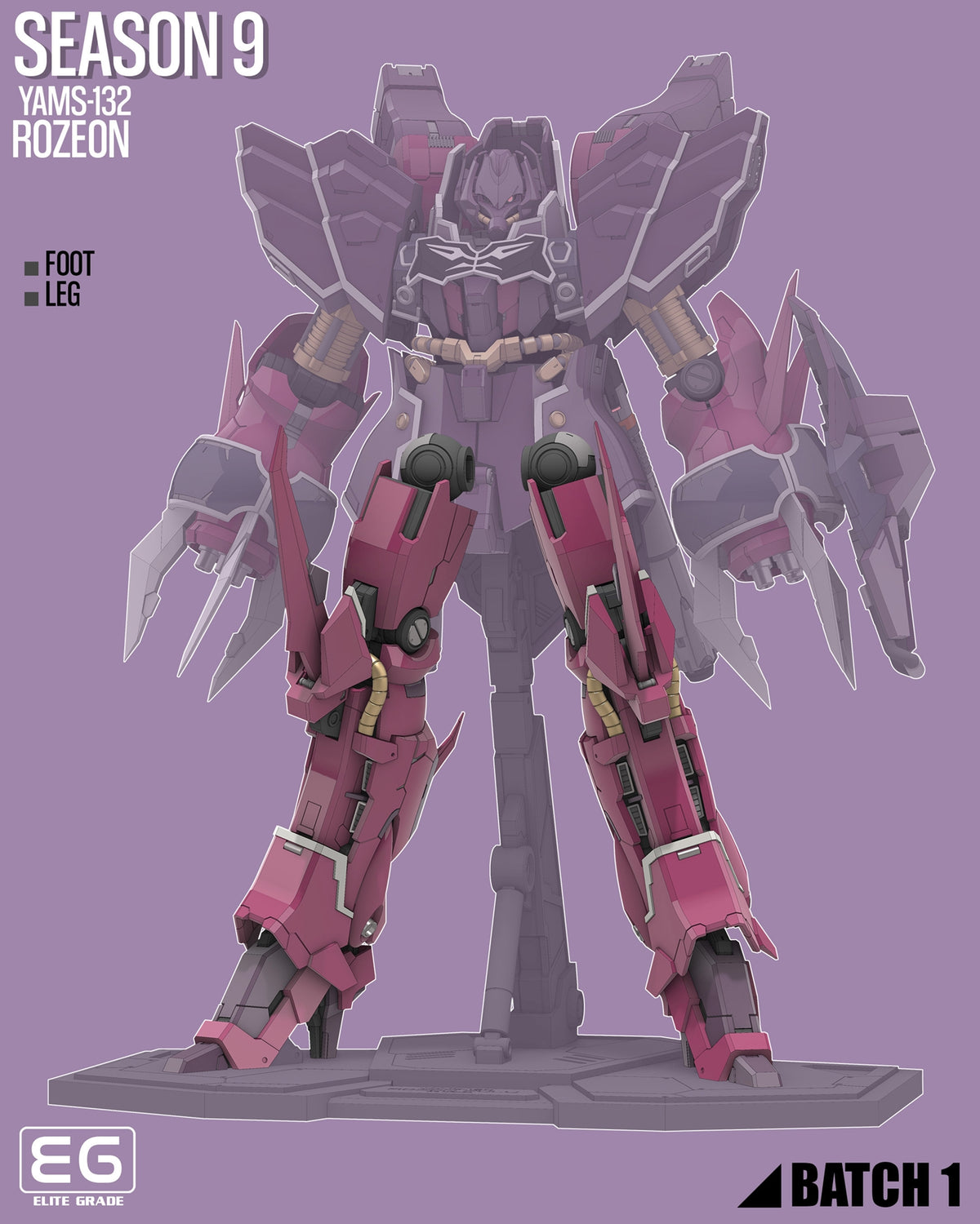Promotional artwork for a mecha figure labeled YAMS-132 ROZEON, Season 9, showing a pink and dark gray robot mecha standing on a display stand against a solid lavender background. Text includes SEASON 9, YAMS-132 ROZEON, FOOT LEG, EG ELITE GRAZER, and BATCH 1.