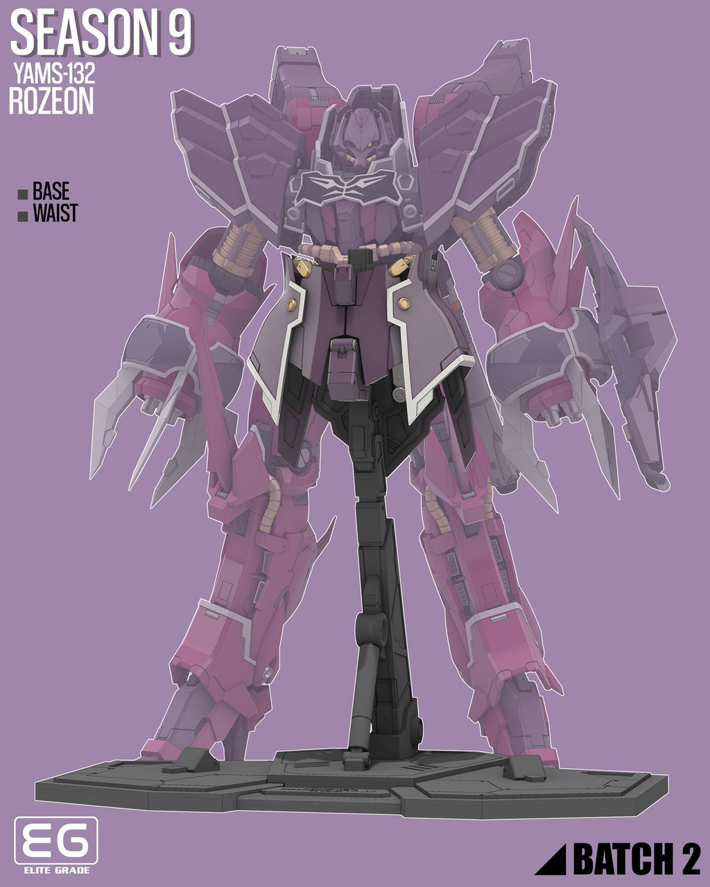 A stylized product render of a mecha robot figure on a display stand against a solid lavender background. Text in the top left reads 'SEASON 9', 'YAMS-132 ROZEON', and 'BASE / WAIST'.