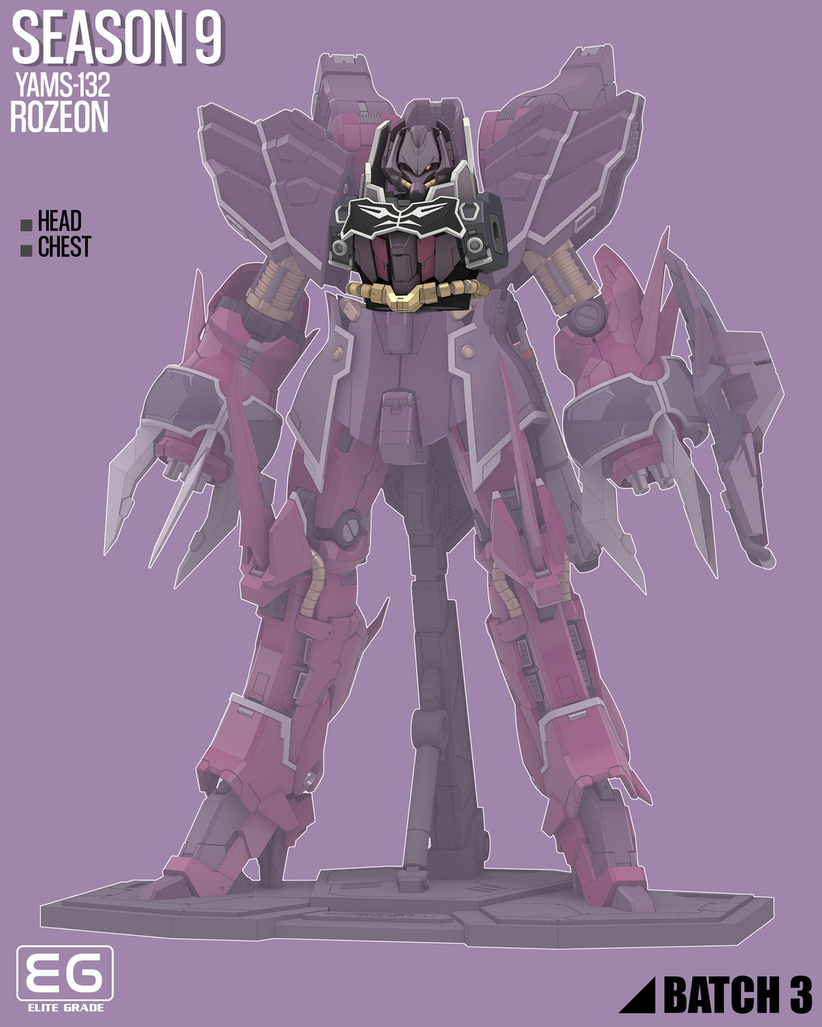 A stylized product render of a mecha robot figure on a display stand against a solid lavender background. The robot is primarily pink and purple with dark gray armor and small gold accents.