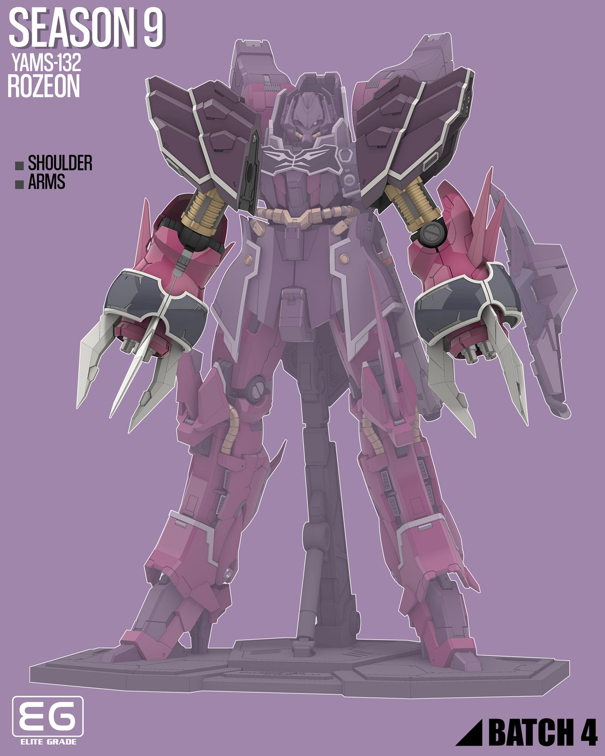 A stylized product render of a mecha robot figure from the back, shown on a stand against a solid lavender background. The text reads 'SEASON 9', 'YAMS-132 ROZEON', 'SHOULDER ARMS', and 'EG ELITE GRABBER BATCH 4'.