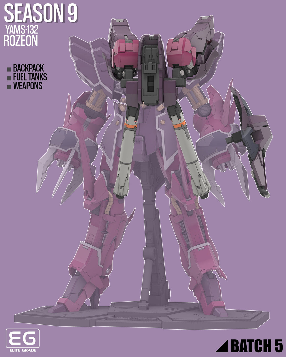 A product render of a pink and gray mecha robot model on a display stand, with text reading 'SEASON 9', 'YAMS-132 ROZEON', and 'BACKPACK FUEL TANKS WEAPONS'. The Elite Gear logo appears at bottom left, and 'BATCH 5' appears at bottom right, all on a solid lavender background.