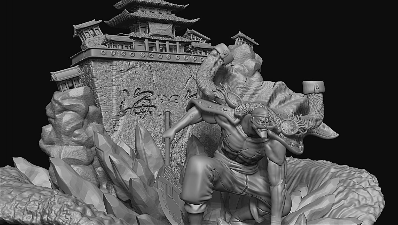 Black and white sculpture of a warrior with a dragon and traditional Chinese architecture in the background