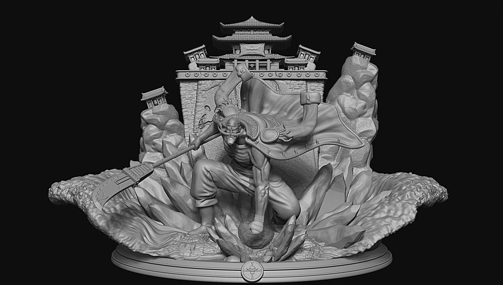 Detailed sculpture of a warrior with a large weapon, set against a mountainous landscape with traditional architecture.