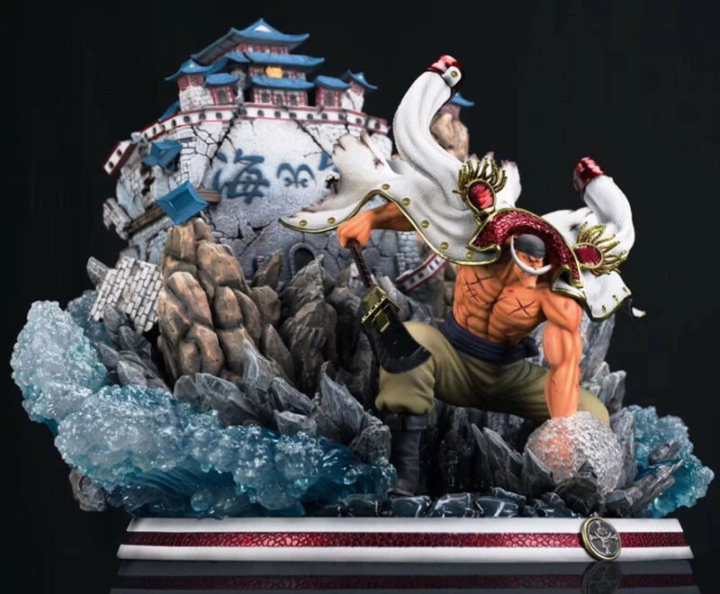 Figurine of a character with a castle and mountainous background
