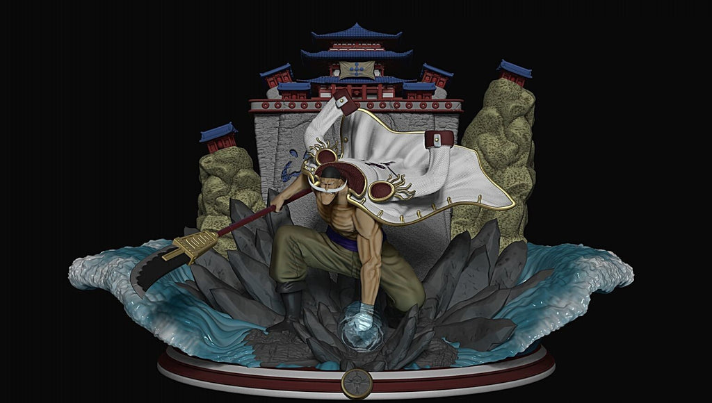 Decorative figurine with a character holding a weapon, surrounded by rocks and water, on a black background.